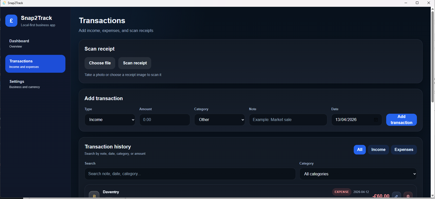 Snap2Track transaction history screen